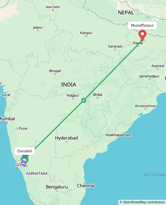 Route map showing distance and travel time from Dandeli, India to Muzaffarpur, India