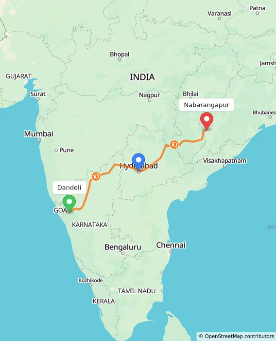 Route map showing distance and travel time from Dandeli, India to Nabarangapur, India