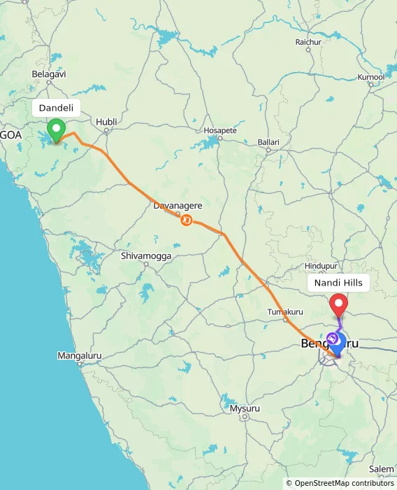 Route map showing distance and travel time from Dandeli, India to Nandi Hills, India