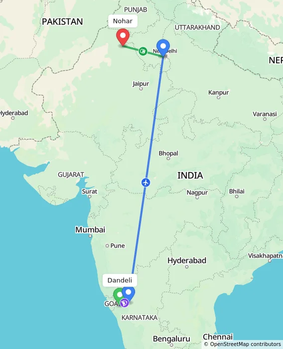 Route map showing distance and travel time from Dandeli, India to Nohar, India