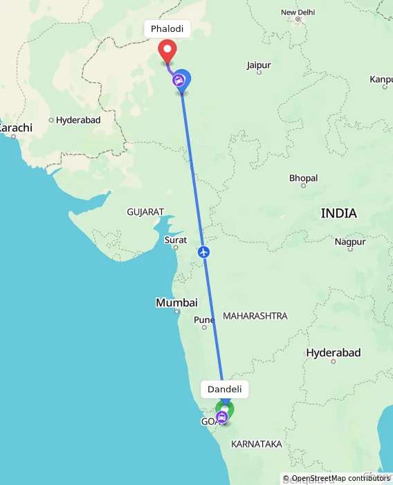 Route map showing distance and travel time from Dandeli, India to Phalodi, India