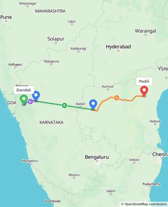 Route map showing distance and travel time from Dandeli, India to Podili, India
