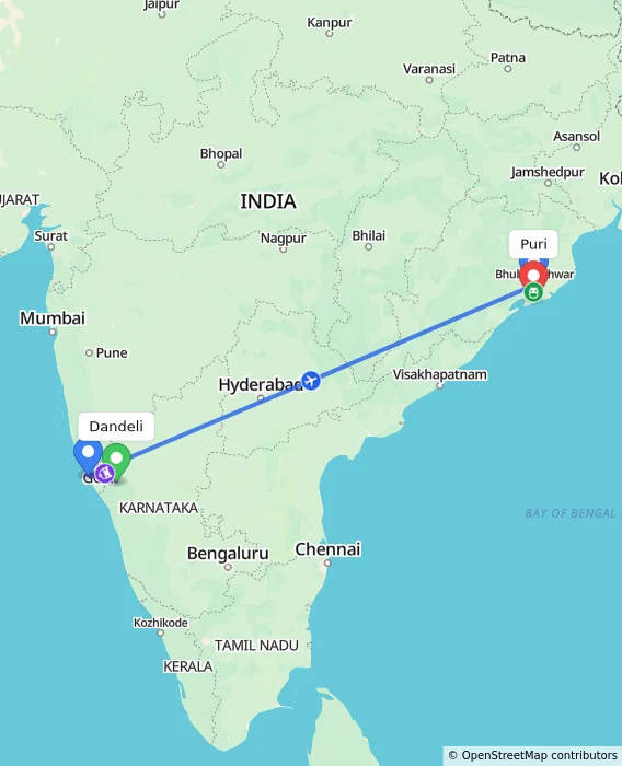 Route map showing distance and travel time from Dandeli, India to Puri, India