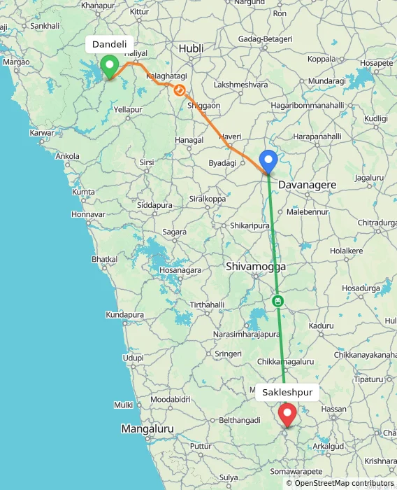 Route map showing distance and travel time from Dandeli, India to Sakleshpur, India