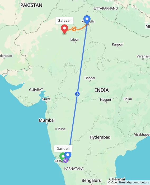 Route map showing distance and travel time from Dandeli, India to Salasar, India