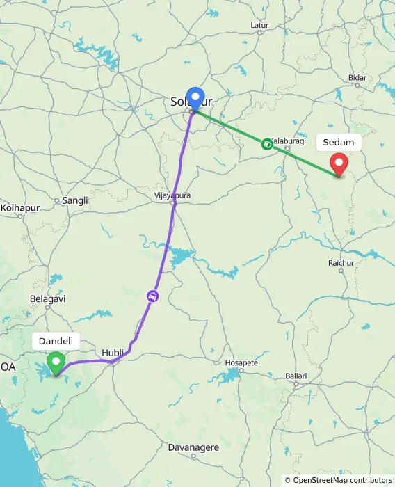 Route map showing distance and travel time from Dandeli, India to Sedam, India