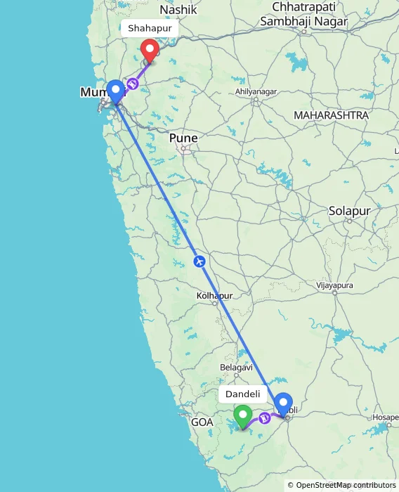 Route map showing distance and travel time from Dandeli, India to Shahapur, India