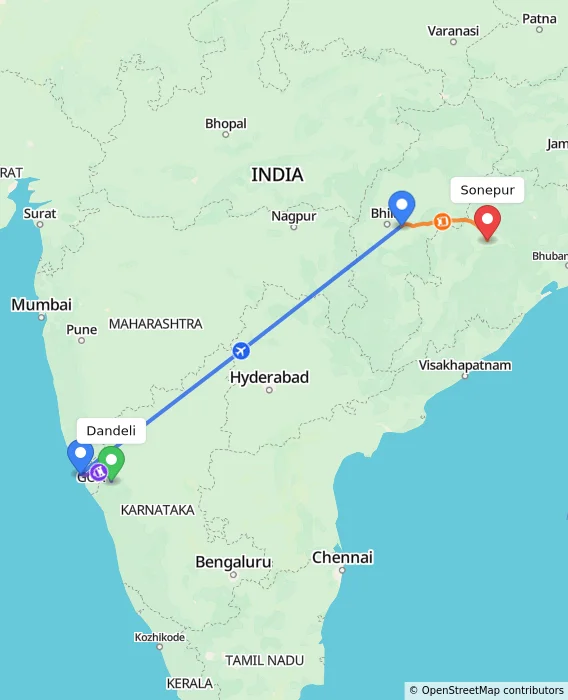 Route map showing distance and travel time from Dandeli, India to Sonepur, India