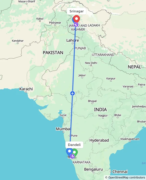 Route map showing distance and travel time from Dandeli, India to Srinagar, India