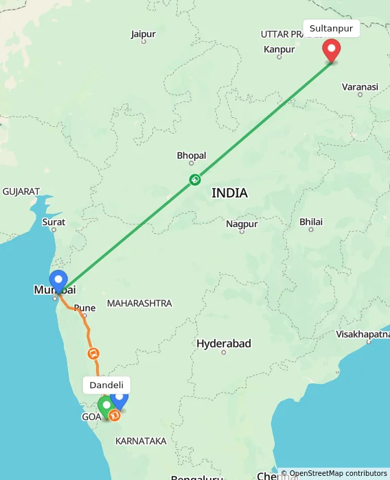 Route map showing distance and travel time from Dandeli, India to Sultanpur, India