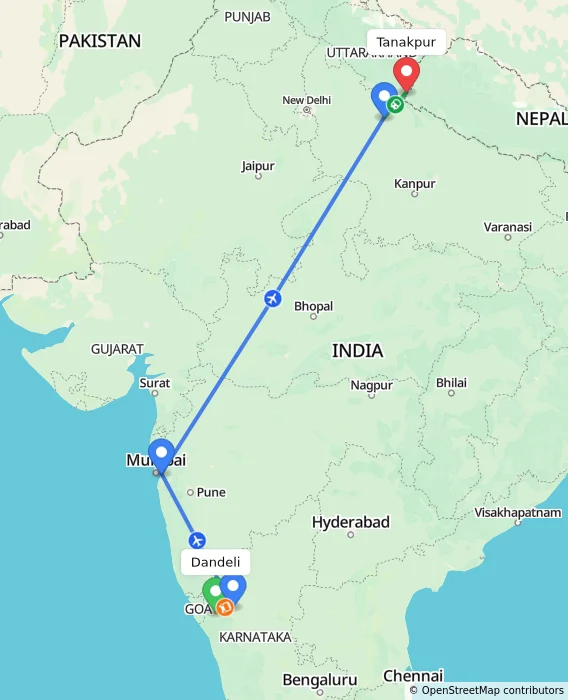 Route map showing distance and travel time from Dandeli, India to Tanakpur, India
