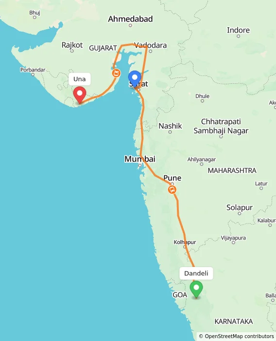 Route map showing distance and travel time from Dandeli, India to Una, India
