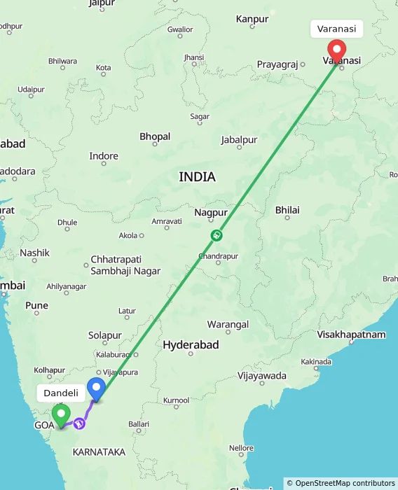 Route map showing distance and travel time from Dandeli, India to Varanasi, India