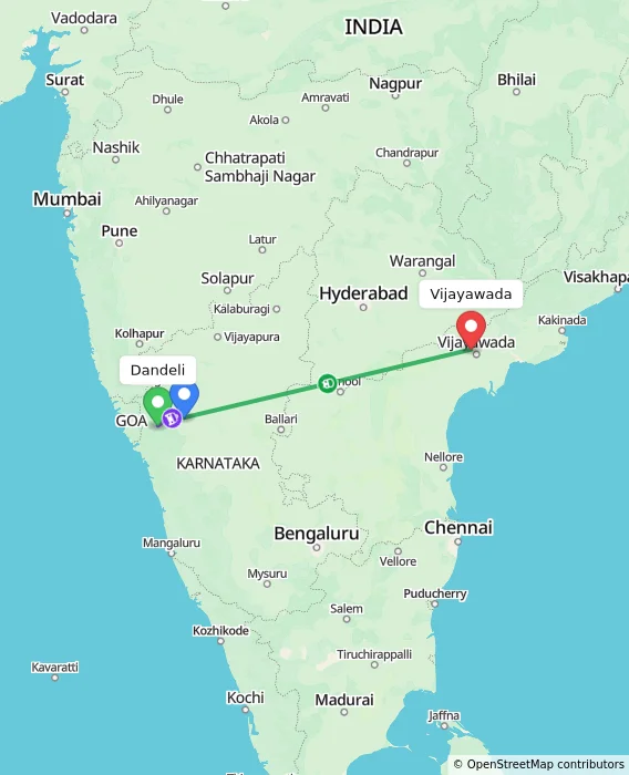 Route map showing distance and travel time from Dandeli, India to Vijayawada, India