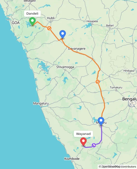 Route map showing distance and travel time from Dandeli, India to Wayanad, India