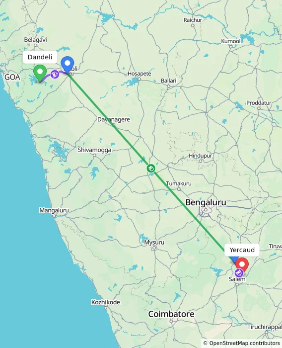 Route map showing distance and travel time from Dandeli, India to Yercaud, India