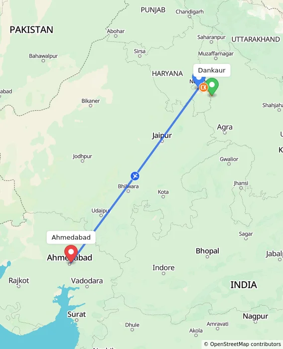 Route map showing distance and travel time from Dankaur, India to Ahmedabad, India