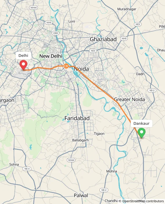 Route map showing distance and travel time from Dankaur, India to Delhi, India