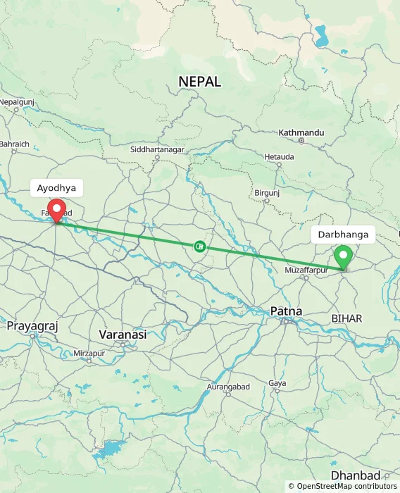 Route map showing distance and travel time from Darbhanga, India to Ayodhya, India