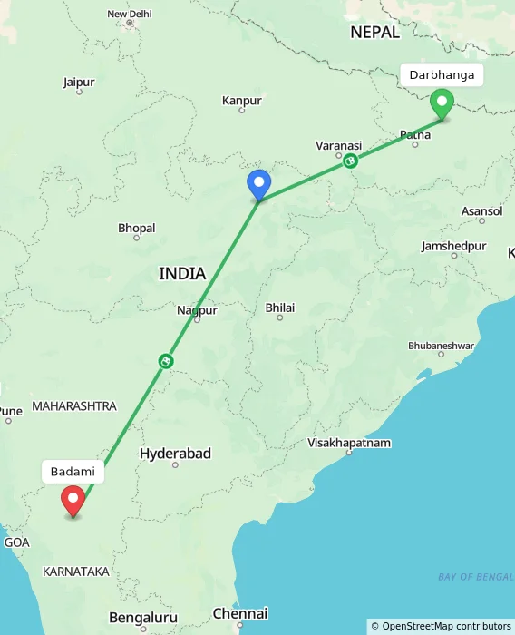 Route map showing distance and travel time from Darbhanga, India to Badami, India