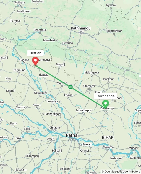 Route map showing distance and travel time from Darbhanga, India to Bettiah, India