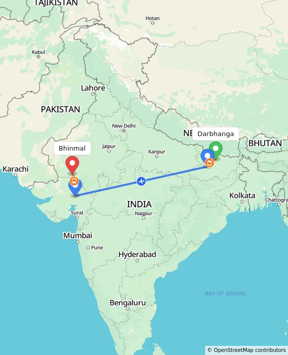 Route map showing distance and travel time from Darbhanga, India to Bhinmal, India