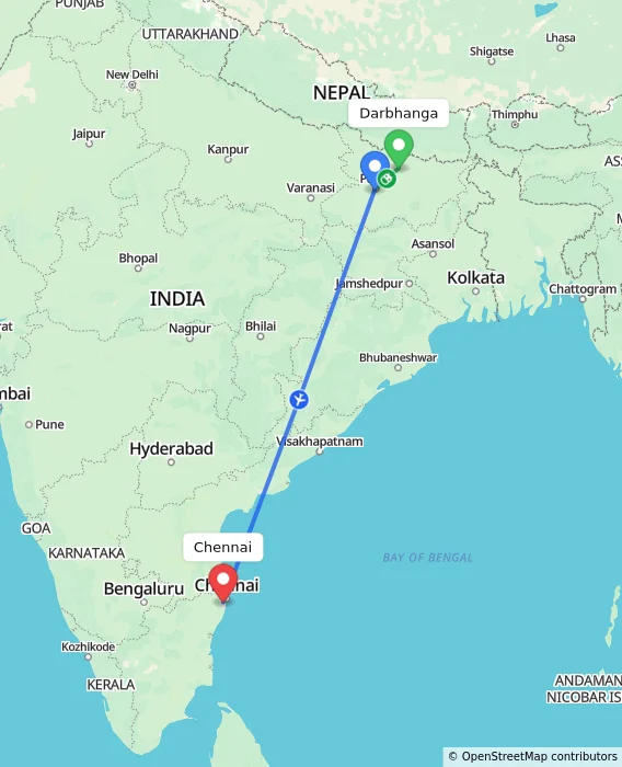 Route map showing distance and travel time from Darbhanga, India to Chennai, India