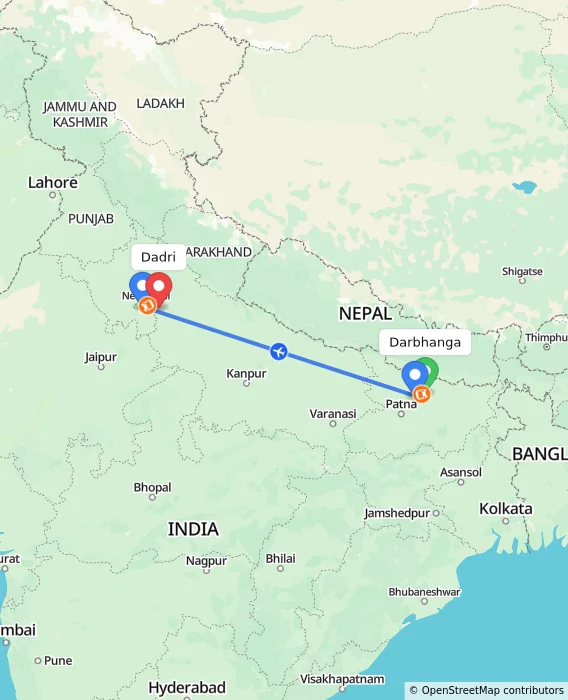 Route map showing distance and travel time from Darbhanga, India to Dadri, India