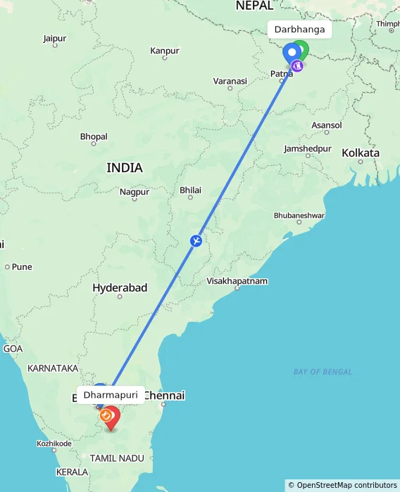 Route map showing distance and travel time from Darbhanga, India to Dharmapuri, India