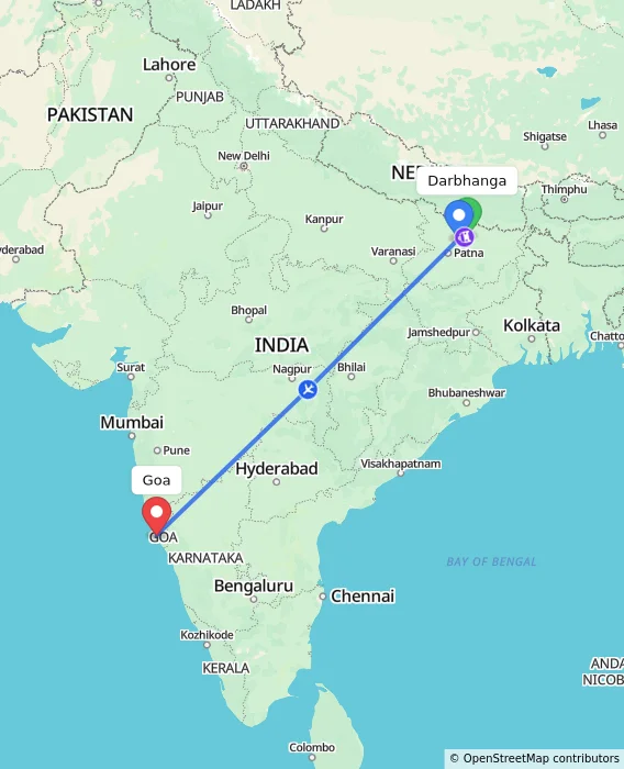Route map showing distance and travel time from Darbhanga, India to Goa, India
