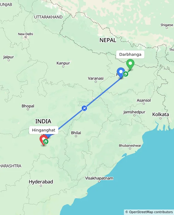 Route map showing distance and travel time from Darbhanga, India to Hinganghat, India