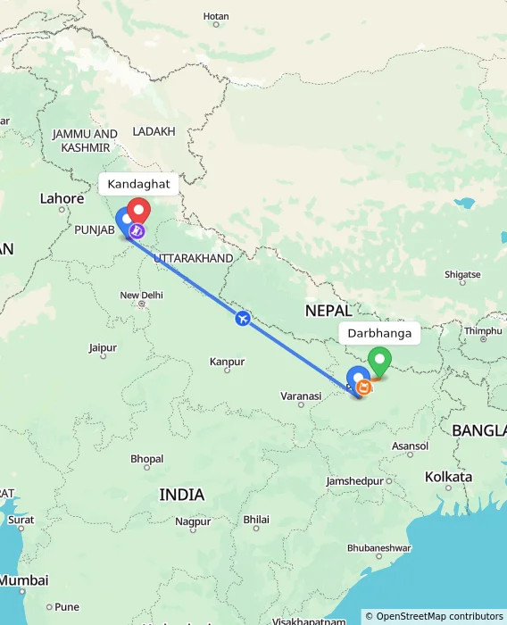 Route map showing distance and travel time from Darbhanga, India to Kandaghat, India
