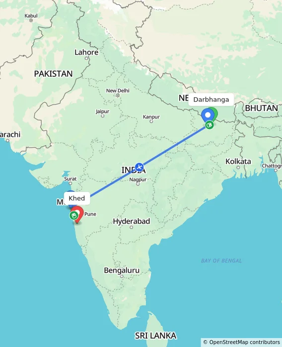 Route map showing distance and travel time from Darbhanga, India to Khed, India