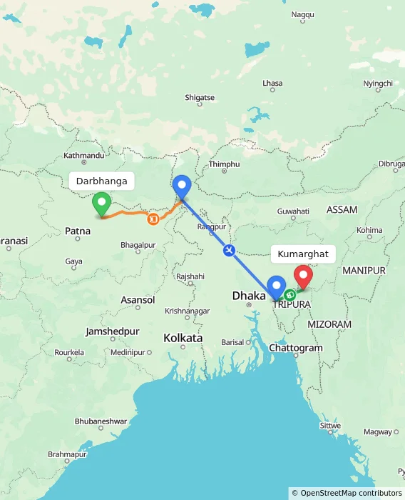 Route map showing distance and travel time from Darbhanga, India to Kumarghat, India