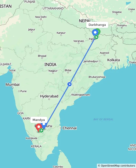 Route map showing distance and travel time from Darbhanga, India to Mandya, India