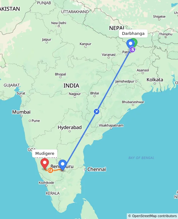 Route map showing distance and travel time from Darbhanga, India to Mudigere, India