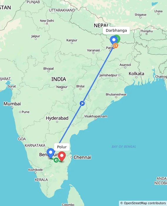 Route map showing distance and travel time from Darbhanga, India to Polur, India