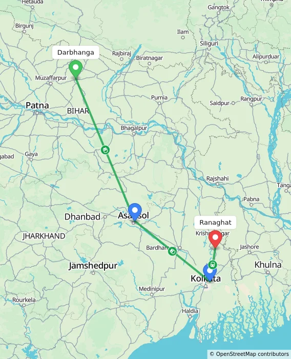 Route map showing distance and travel time from Darbhanga, India to Ranaghat, India