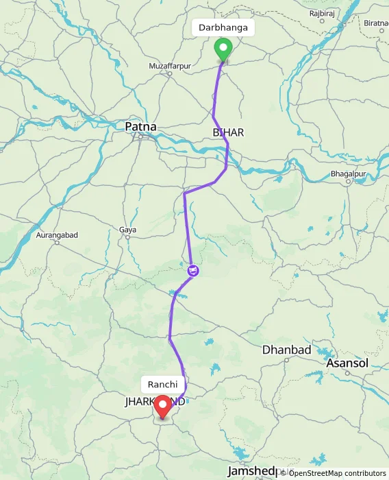 Route map showing distance and travel time from Darbhanga, India to Ranchi, India