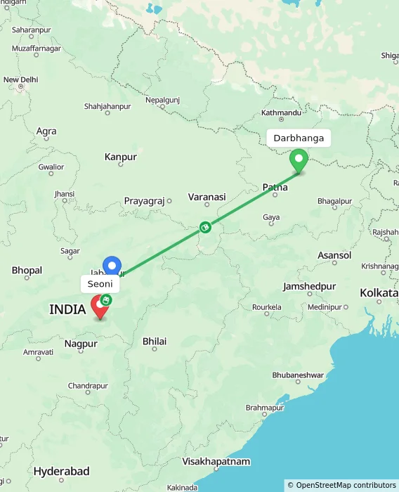 Route map showing distance and travel time from Darbhanga, India to Seoni, India