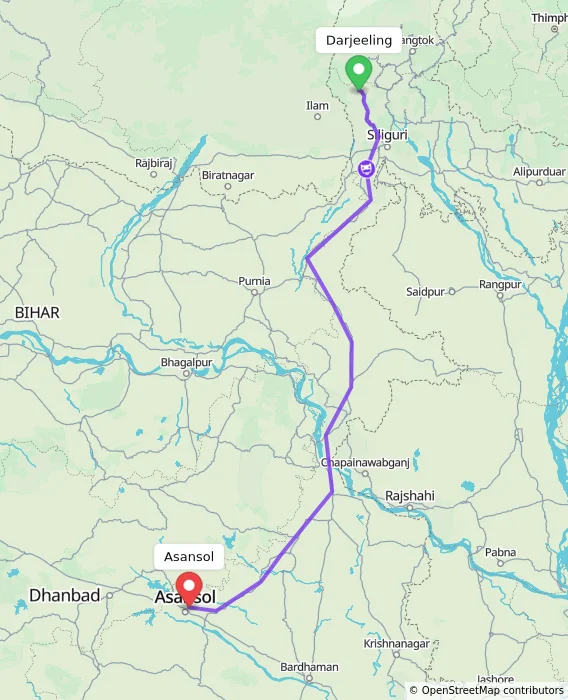 Route map showing distance and travel time from Darjeeling, India to Asansol, India