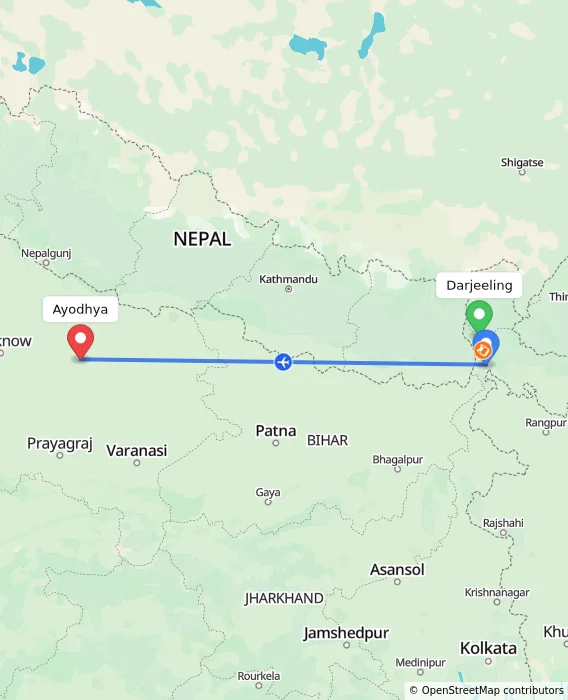 Route map showing distance and travel time from Darjeeling, India to Ayodhya, India
