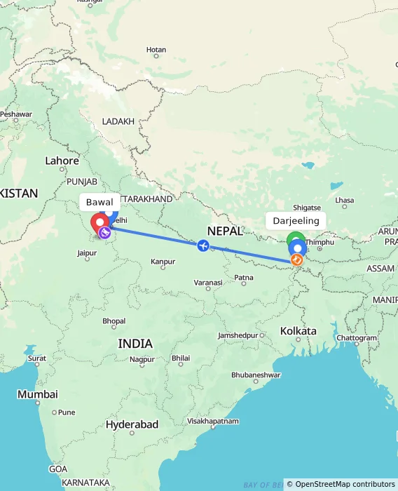 Route map showing distance and travel time from Darjeeling, India to Bawal, India