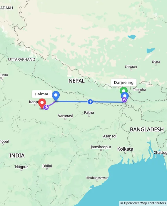 Route map showing distance and travel time from Darjeeling, India to Dalmau, India