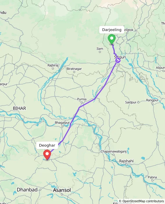 Route map showing distance and travel time from Darjeeling, India to Deoghar, India