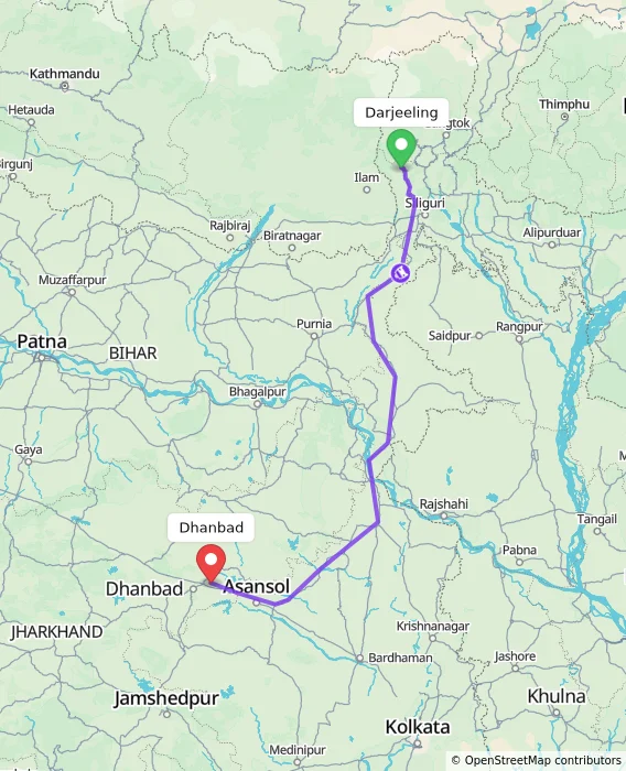 Route map showing distance and travel time from Darjeeling, India to Dhanbad, India