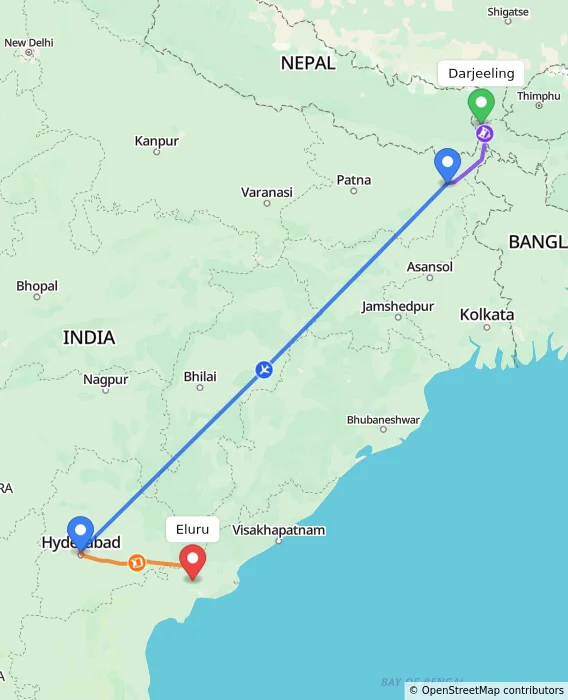 Route map showing distance and travel time from Darjeeling, India to Eluru, India