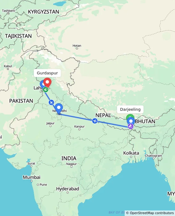 Route map showing distance and travel time from Darjeeling, India to Gurdaspur, India