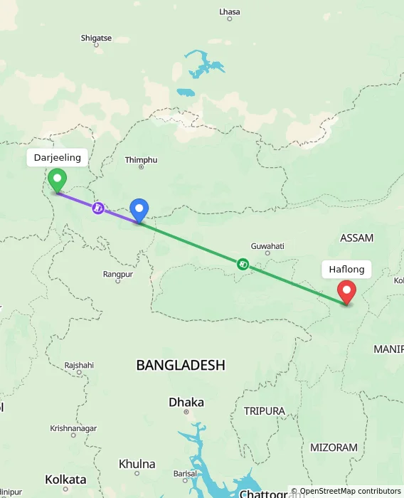 Route map showing distance and travel time from Darjeeling, India to Haflong, India