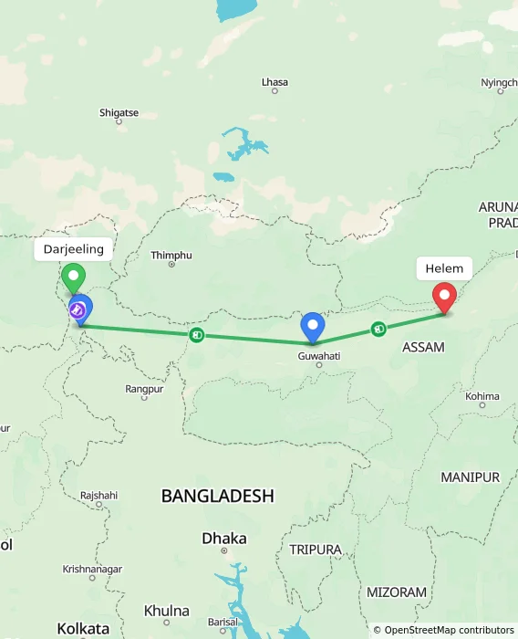 Route map showing distance and travel time from Darjeeling, India to Helem, India